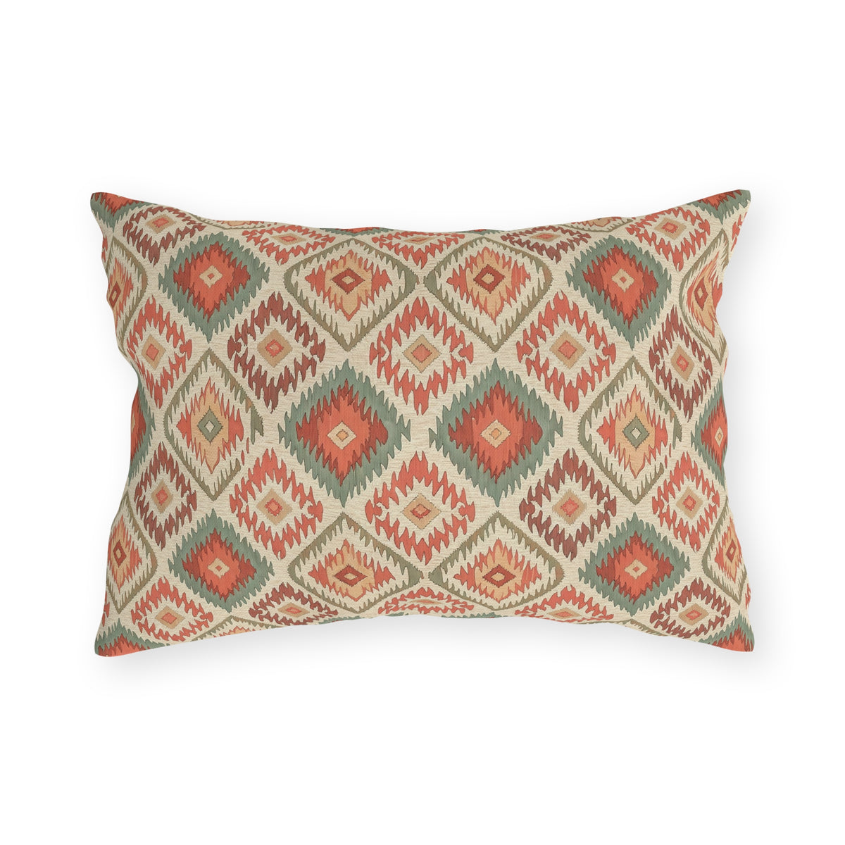 Boho outdoor pillow in the rectangular lumbar size, front view