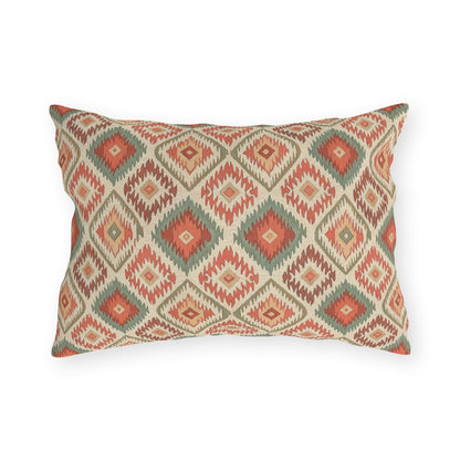 Boho outdoor pillow in the rectangular lumbar size, front view