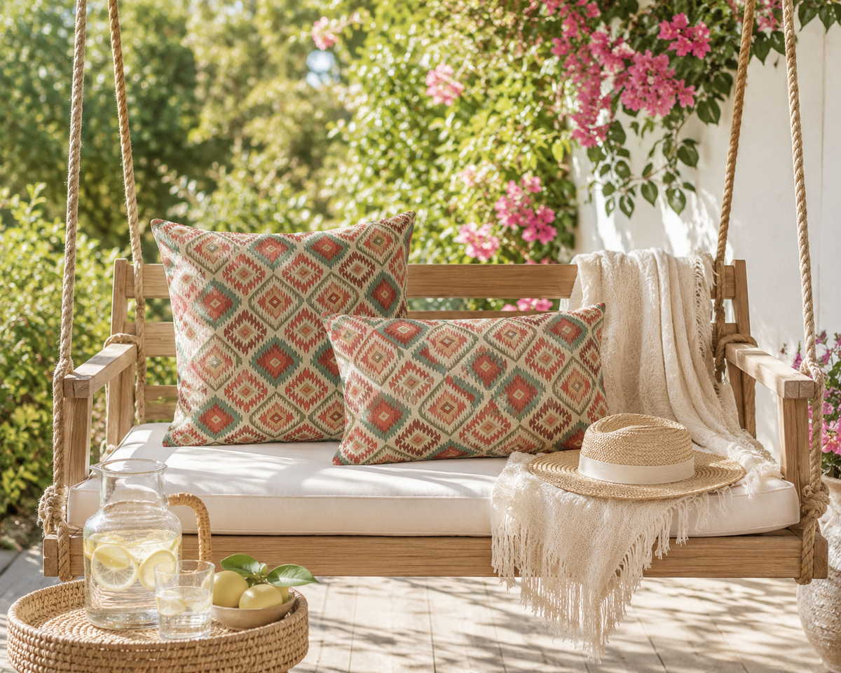 Coral and sage boho outdoor pillows on a daybed under a pergola in a green garden