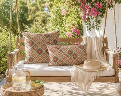 Coral and sage boho outdoor pillows on a daybed under a pergola in a green garden