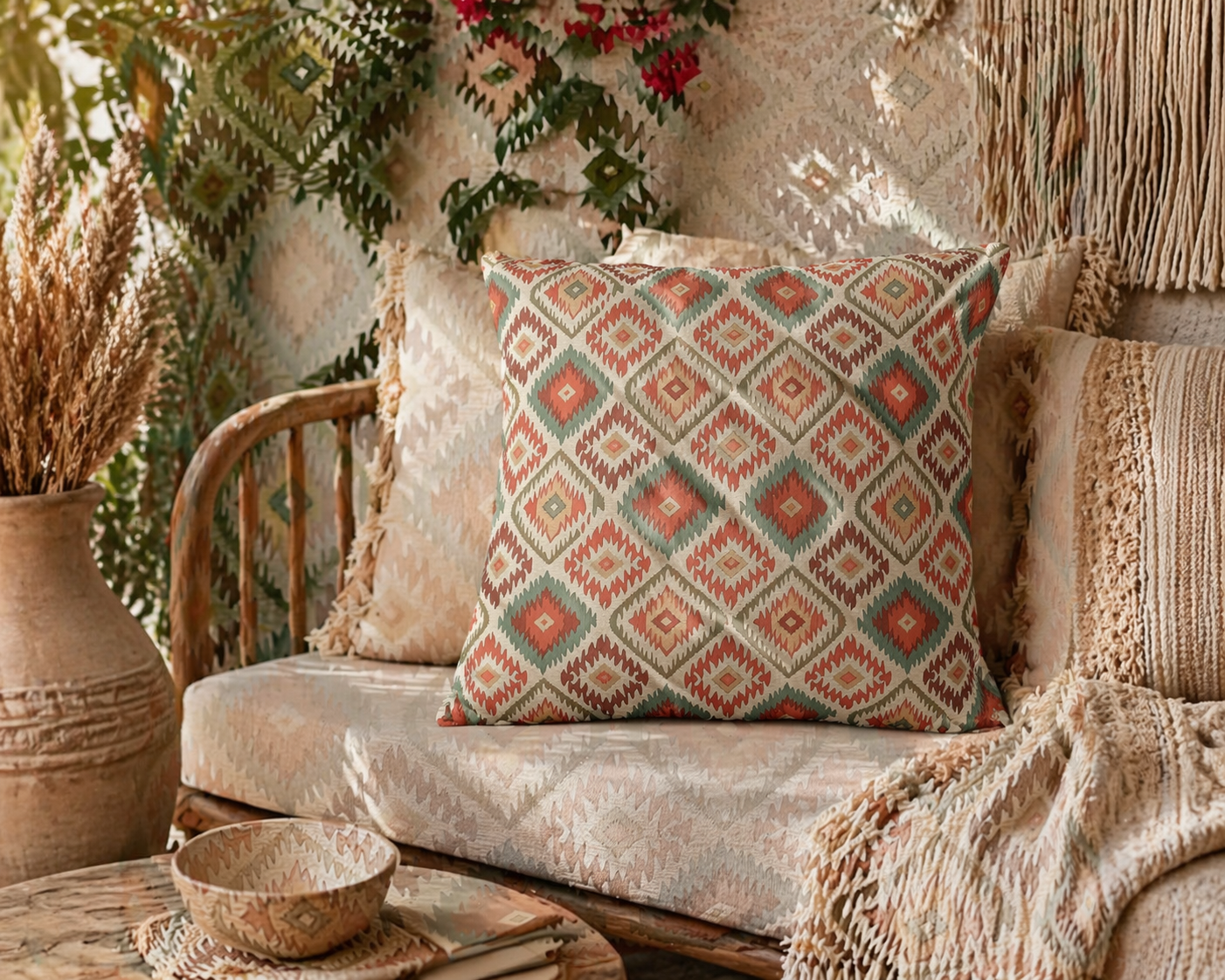 Coral and sage boho outdoor pillow on a rattan chair with greenery and flowers