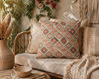 Coral and sage boho outdoor pillow on a rattan chair with greenery and flowers