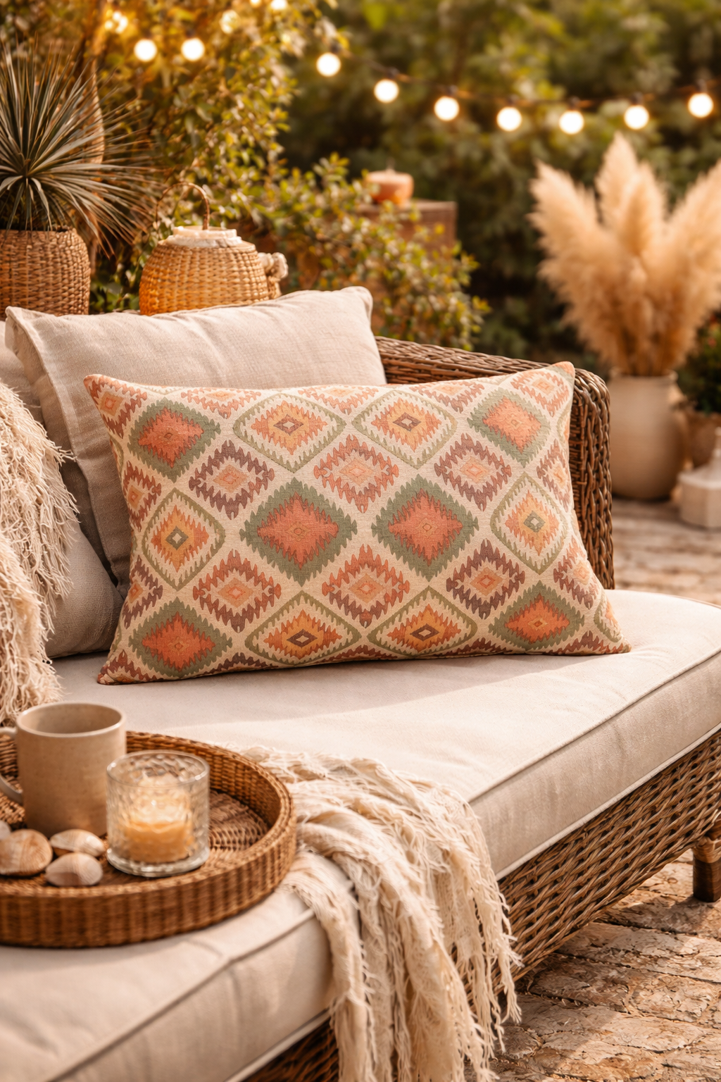 Coral and sage boho outdoor pillows on a garden bench with string lights and dried grasses