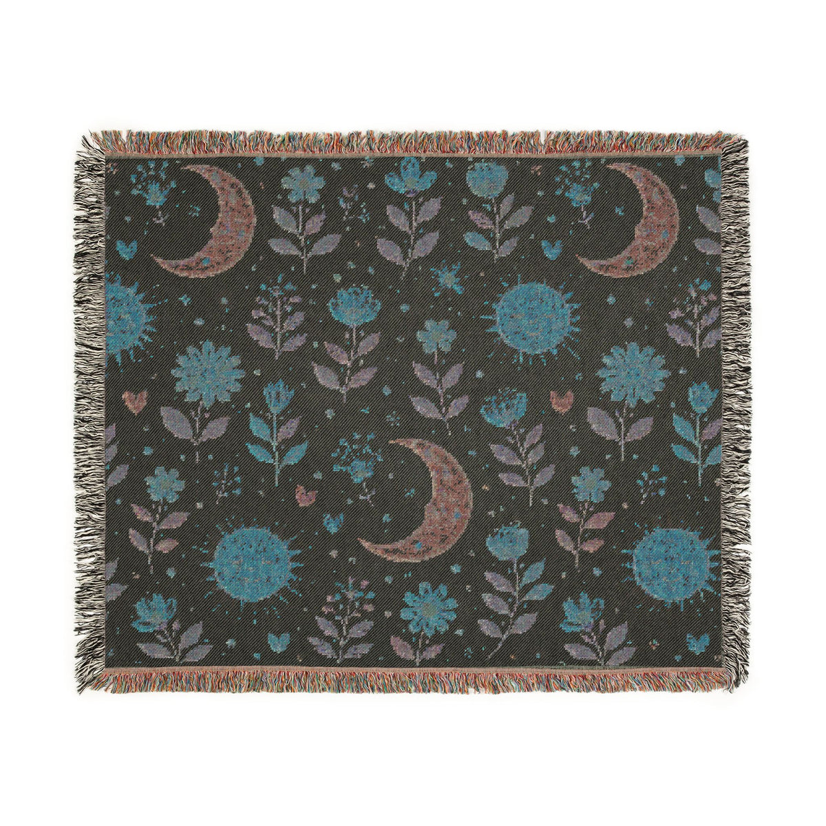 Reverse side of the Boho Sun Moon woven blanket in deep teal