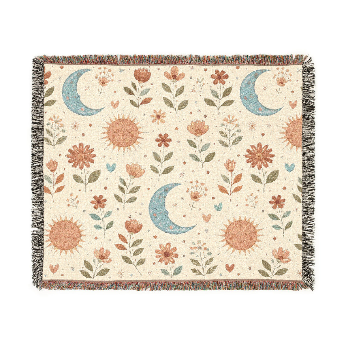 Boho Sun Moon woven blanket in cream with rust suns, blue crescent moons and florals, shown flat