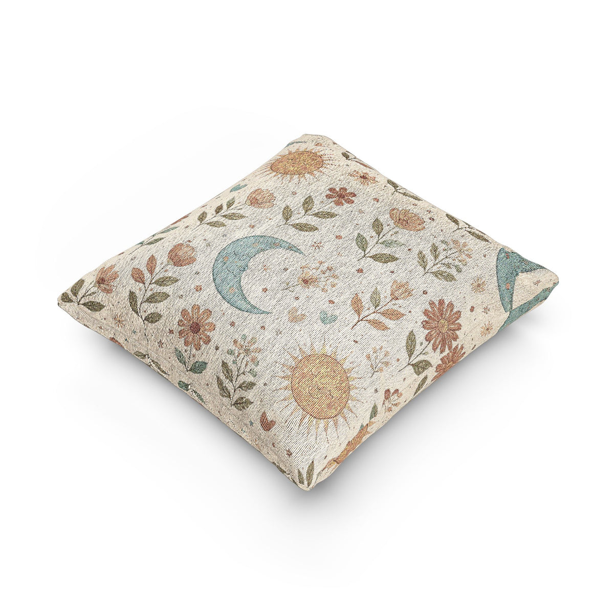 Boho Sun Moon woven pillow shown at an angle to show its depth and seam