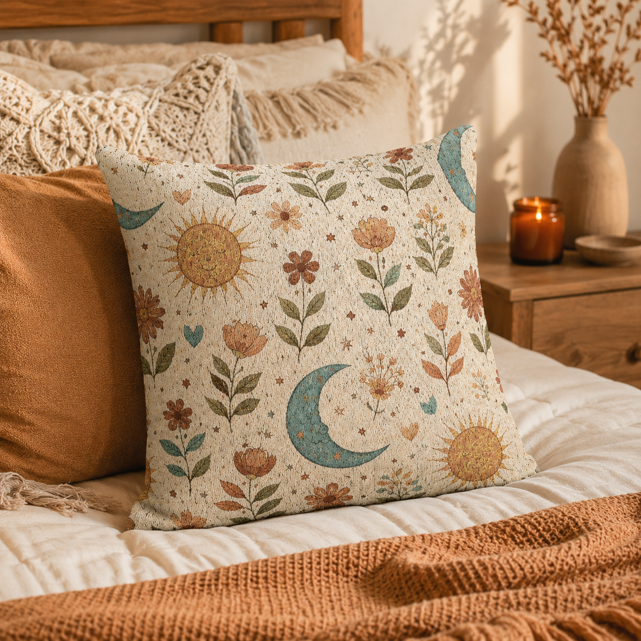 Boho Sun Moon woven pillow on a bed with cream linens and a macrame wall hanging