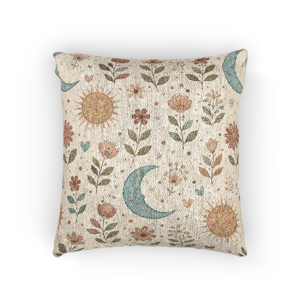 Boho woven pillow with rust suns, blue crescent moons and small florals on cream, front view