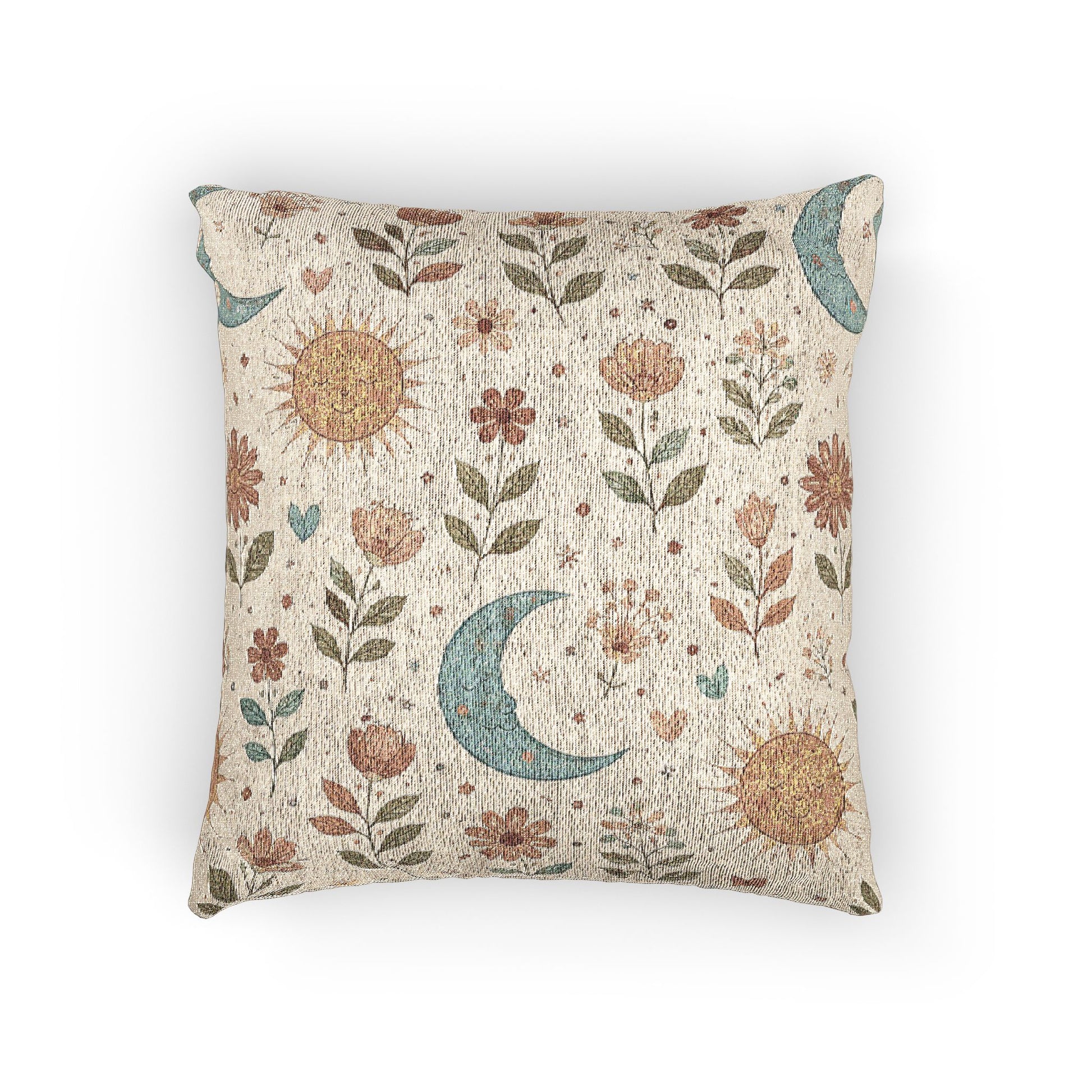 Boho woven pillow with rust suns, blue crescent moons and small florals on cream, front view