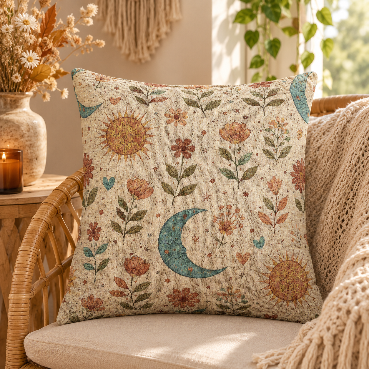 Boho Sun Moon woven pillow in a boho corner with macrame, candles and plants