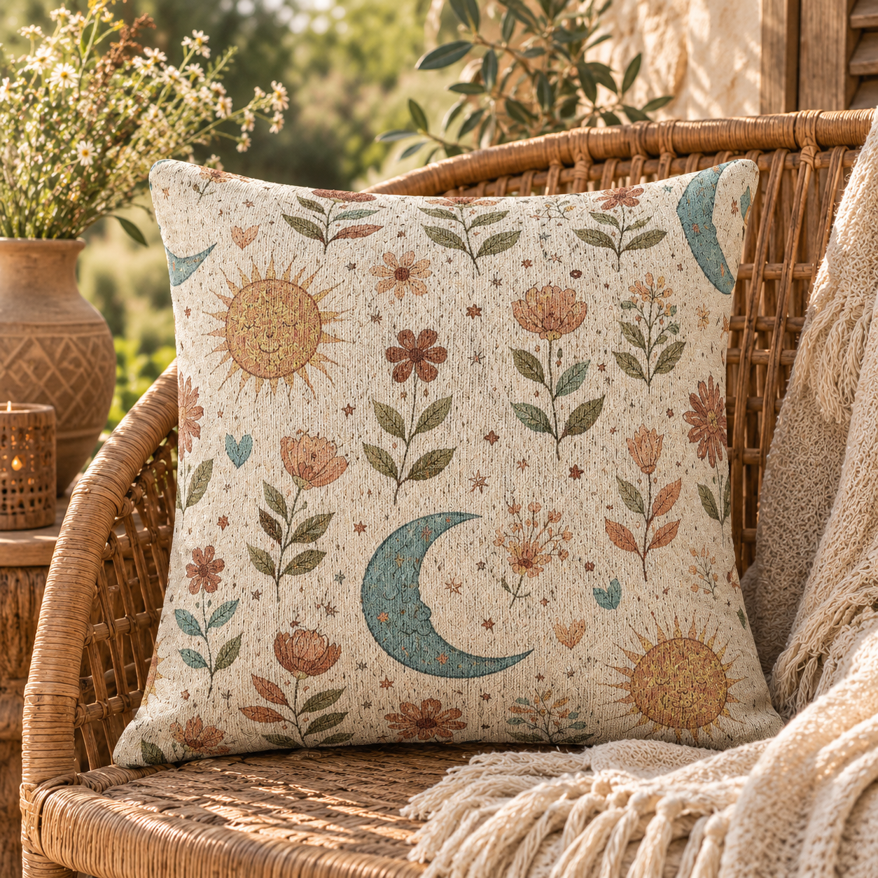 Boho Sun Moon woven pillow on a rattan chair with dried grasses and a cream throw