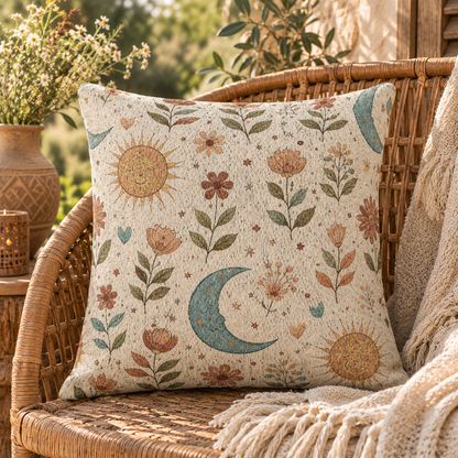 Boho Sun Moon woven pillow on a rattan chair with dried grasses and a cream throw