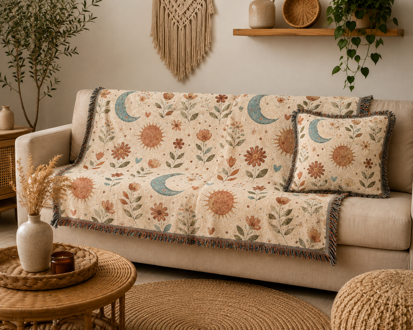 Boho Sun Moon woven pillow with the matching Boho Sun Moon woven blanket on a cream sofa