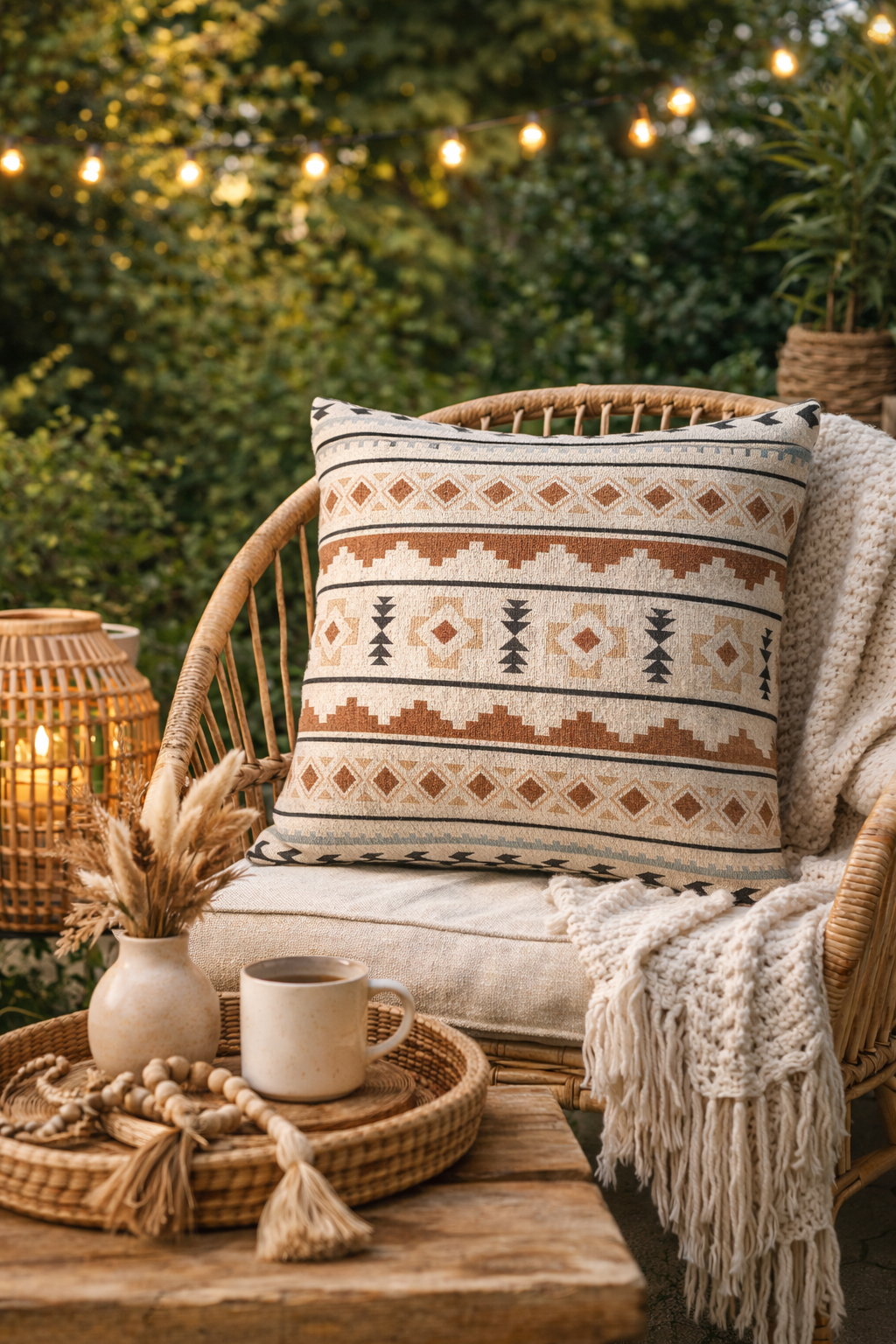 Mexican Boho woven pillow on a chair with dried grasses and warm string lights behind