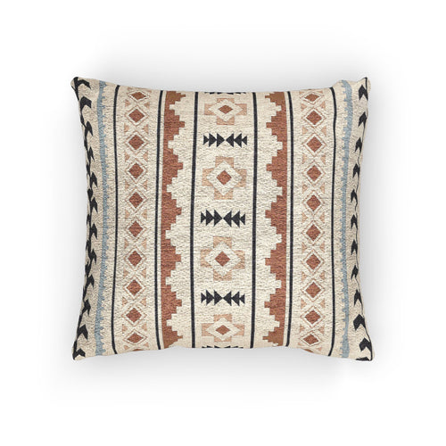 Mexican Boho woven pillow in cream with rust and charcoal Aztec stripes, front view