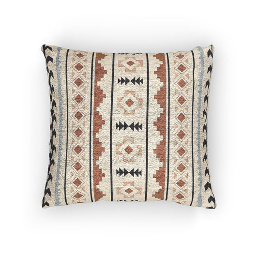 Mexican Boho woven pillow in cream with rust and charcoal Aztec stripes, front view