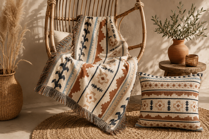 Mexican Boho woven pillow with the matching woven blanket folded beside it