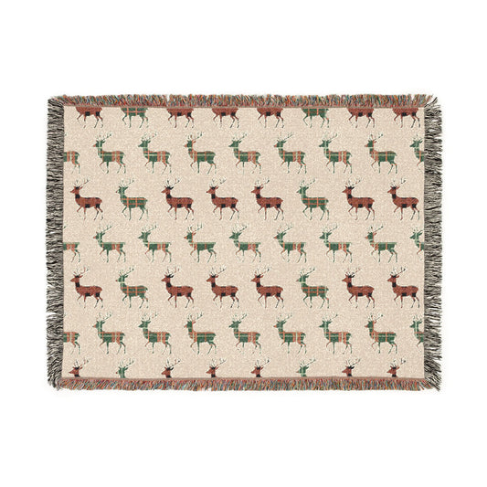 Buffalo Plaid Deer woven blanket with red buffalo check and green tartan deer on cream, front view