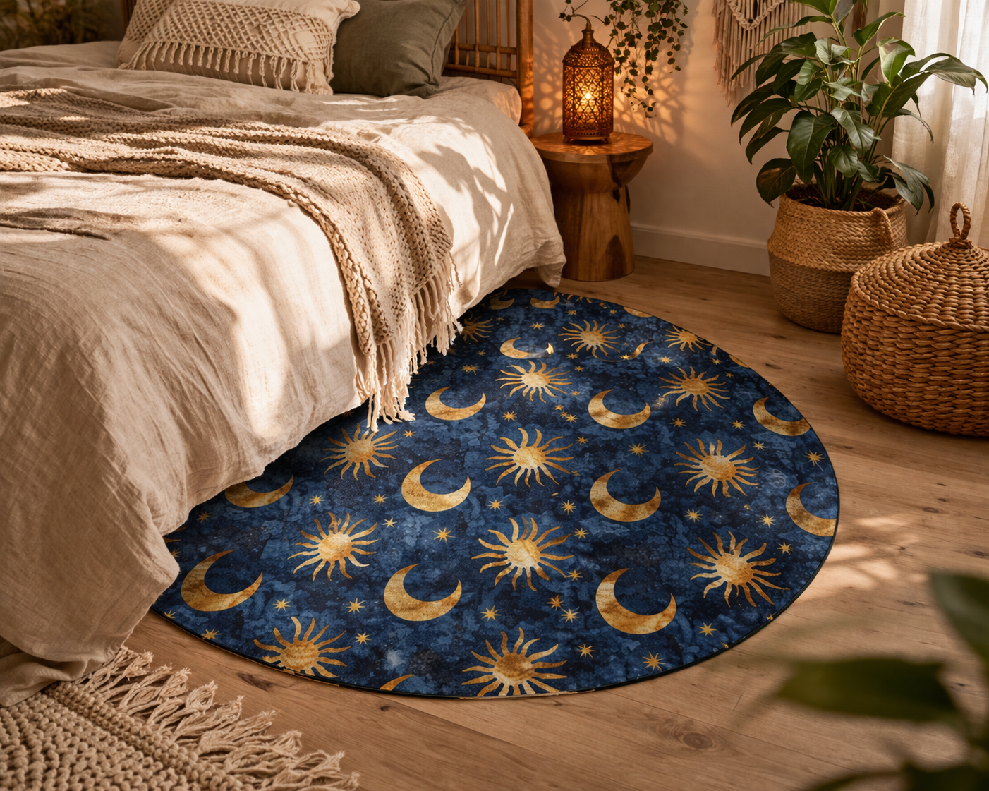 Celestial Boho round rug on a wooden floor beside a bed with lanterns and plants