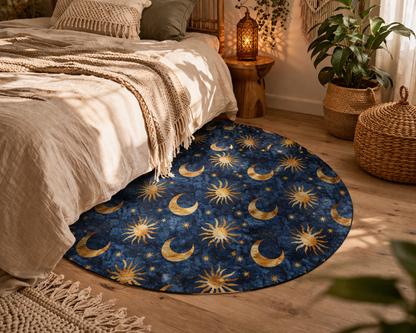 Celestial Boho round rug on a wooden floor beside a bed with lanterns and plants