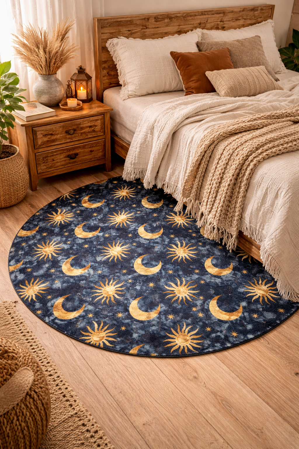 Celestial Boho round rug beside a bed with cream linens and a wooden nightstand