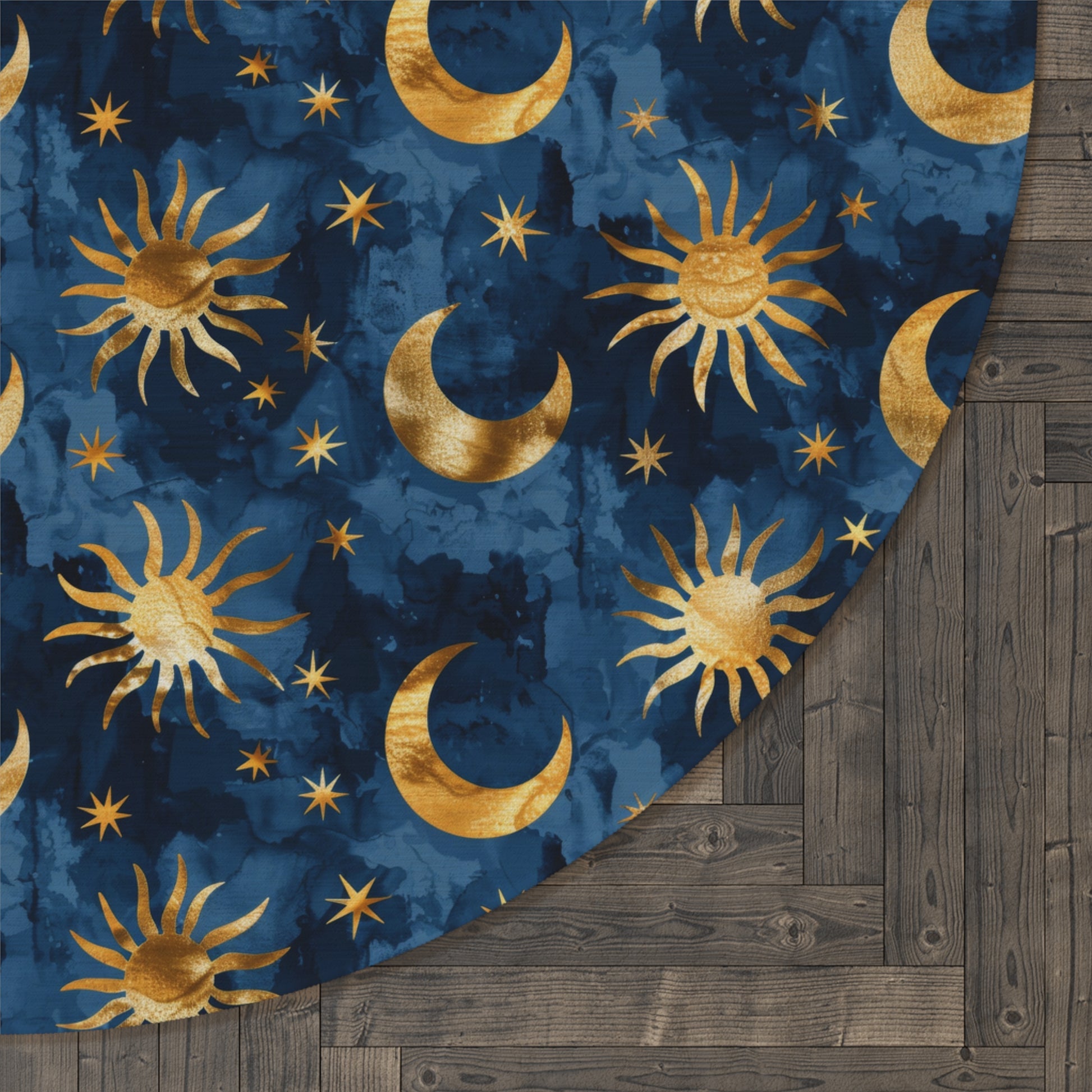Close-up of the Celestial Boho round rug edge against a dark wood floor