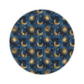 Celestial Boho round rug in navy with gold suns, moons and stars, shown flat