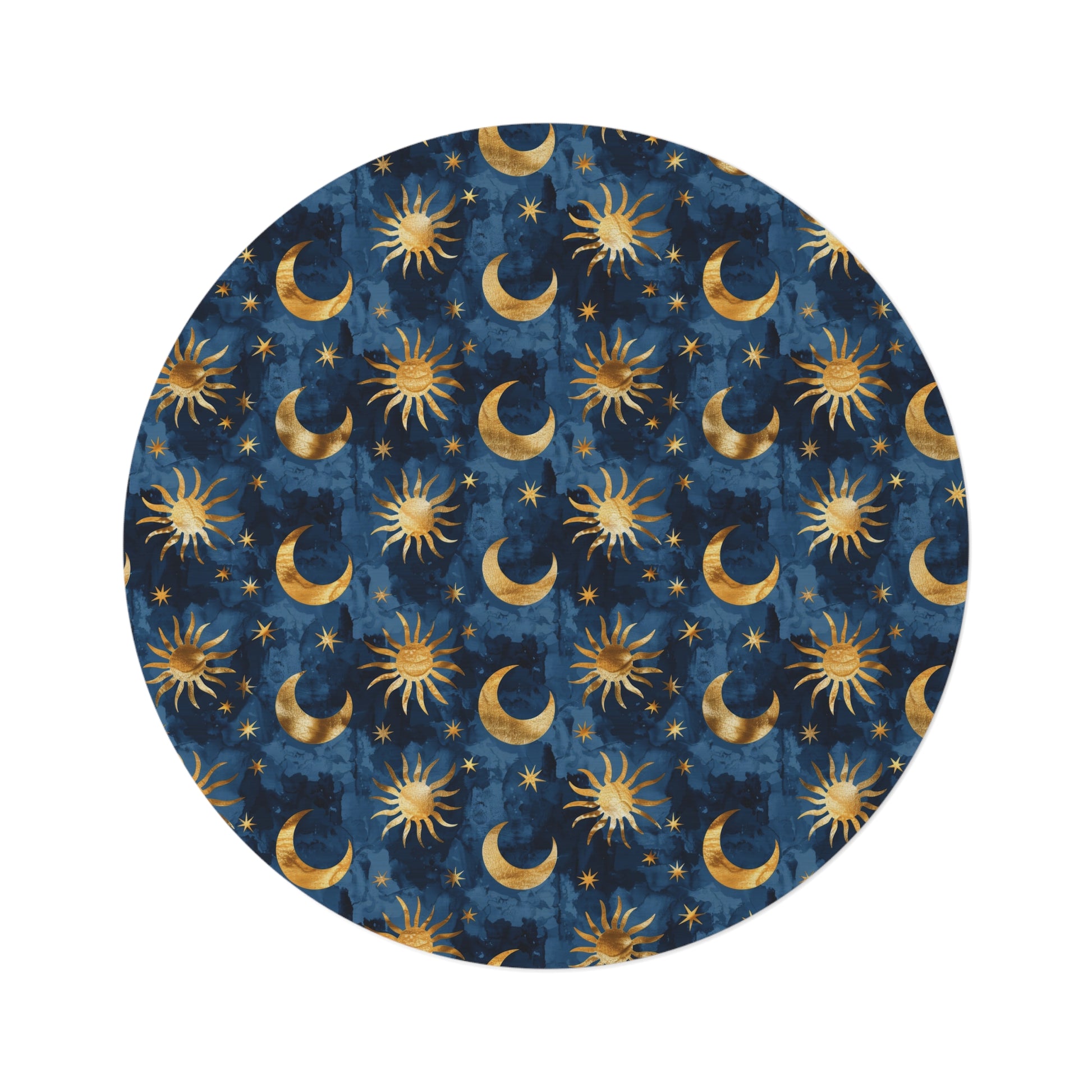 Celestial Boho round rug in navy with gold suns, moons and stars, shown flat