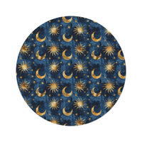 Celestial Boho round rug in navy with gold suns, moons and stars, shown flat