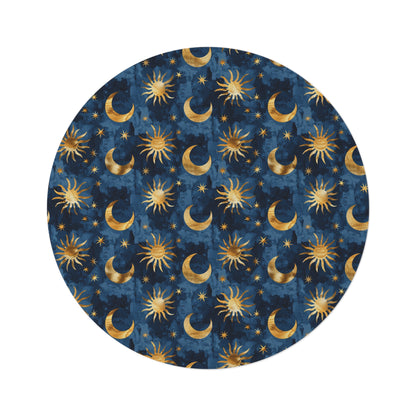 Celestial Boho round rug in navy with gold suns, moons and stars, shown flat