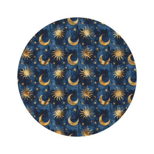 Celestial Boho round rug in navy with gold suns, moons and stars, shown flat