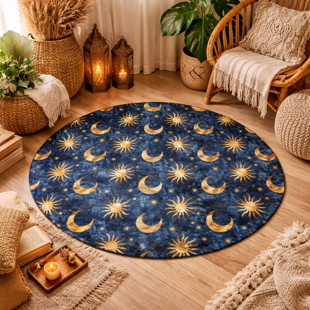 Celestial Boho round rug in a boho corner with a rattan chair and candles
