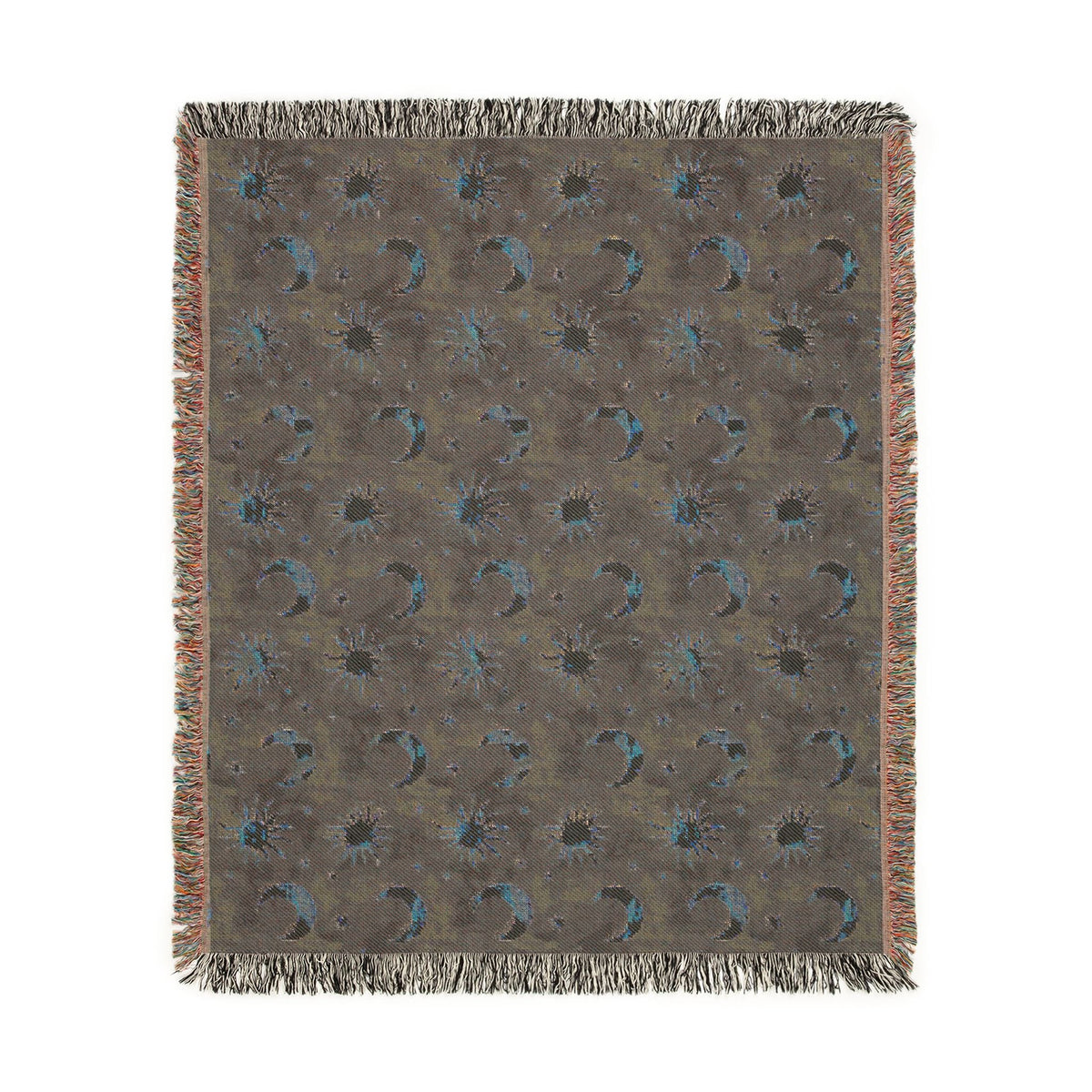 Reverse side of the Celestial Boho woven blanket in muted grey-green