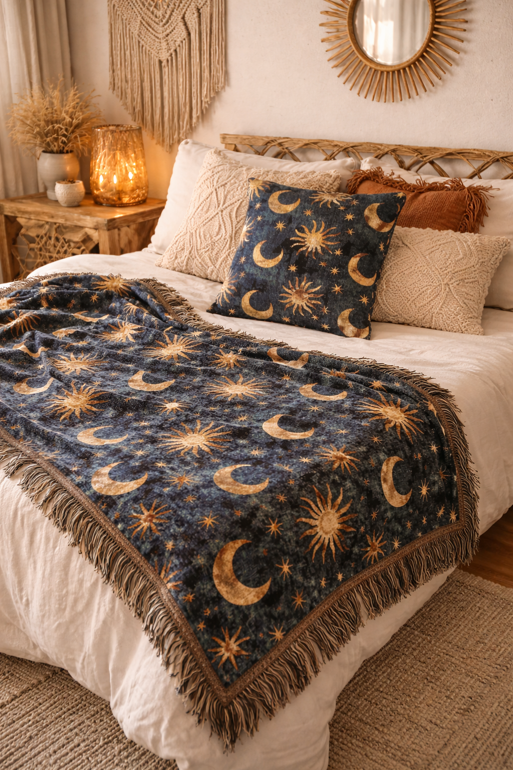 Celestial Boho woven blanket on a bed with the matching pillow against a rattan headboard