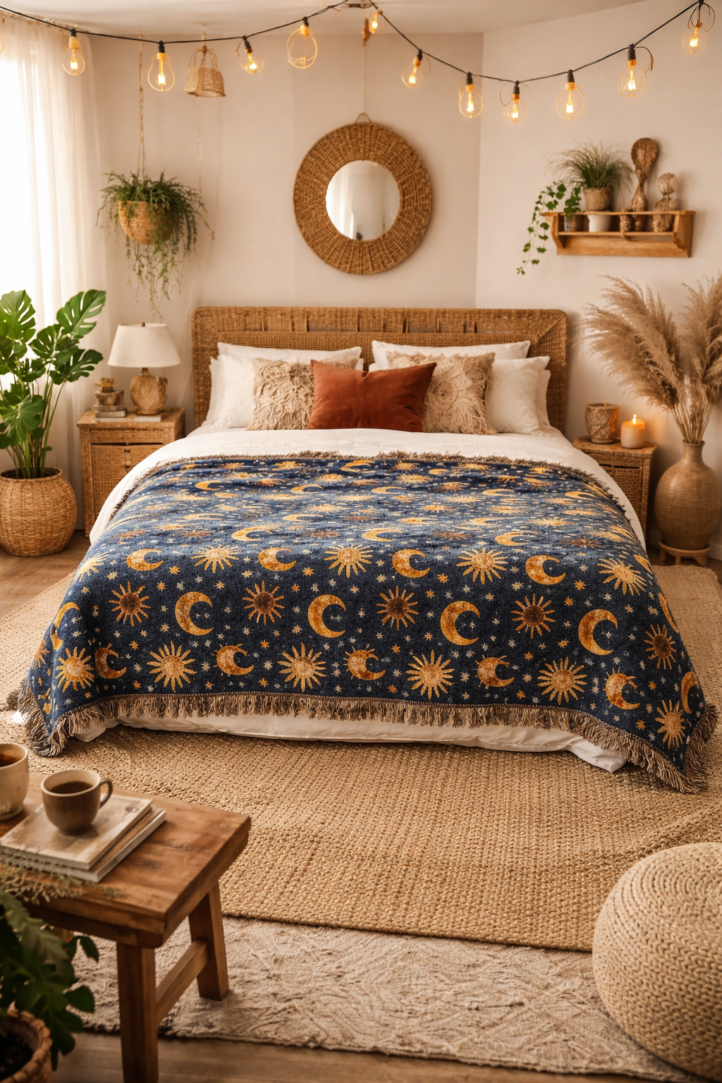 Celestial Boho woven blanket used as a bedspread in a warm boho bedroom