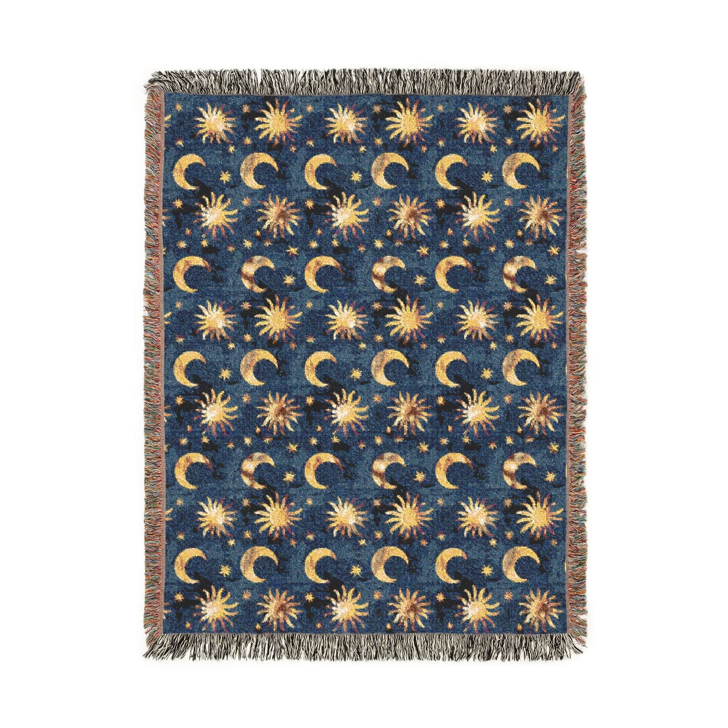 Celestial Boho woven blanket in navy with gold suns, moons and stars, shown flat