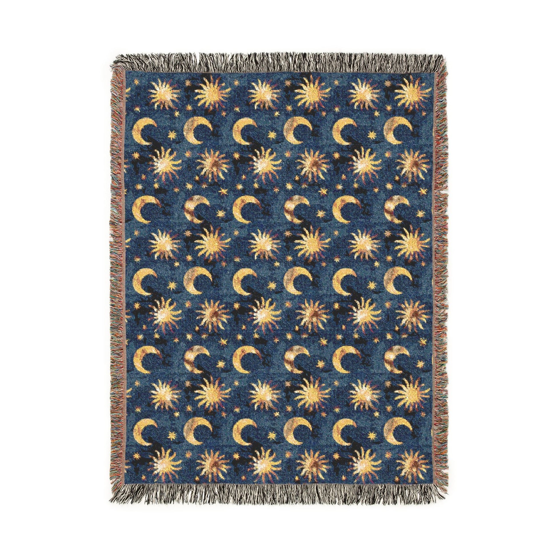 Celestial Boho woven blanket in navy with gold suns, moons and stars, shown flat