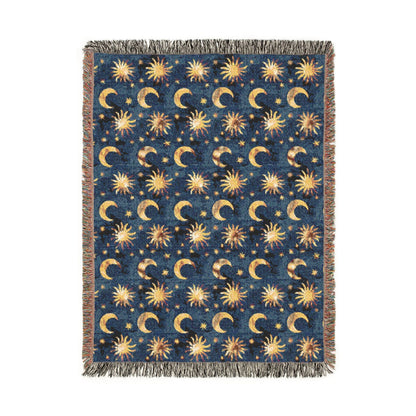 Celestial Boho woven blanket in navy with gold suns, moons and stars, shown flat