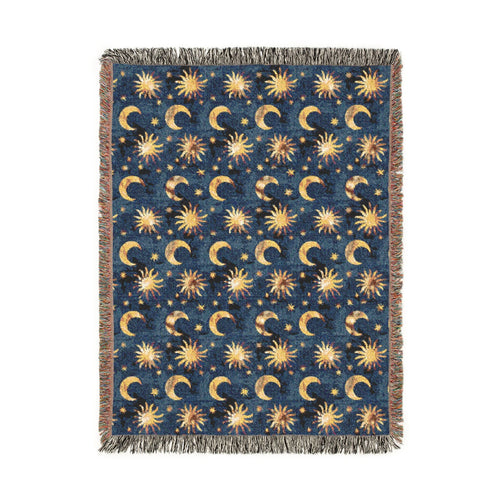 Celestial Boho woven blanket in navy with gold suns, moons and stars, shown flat