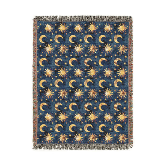 Celestial Boho woven blanket in navy with gold suns, moons and stars, shown flat