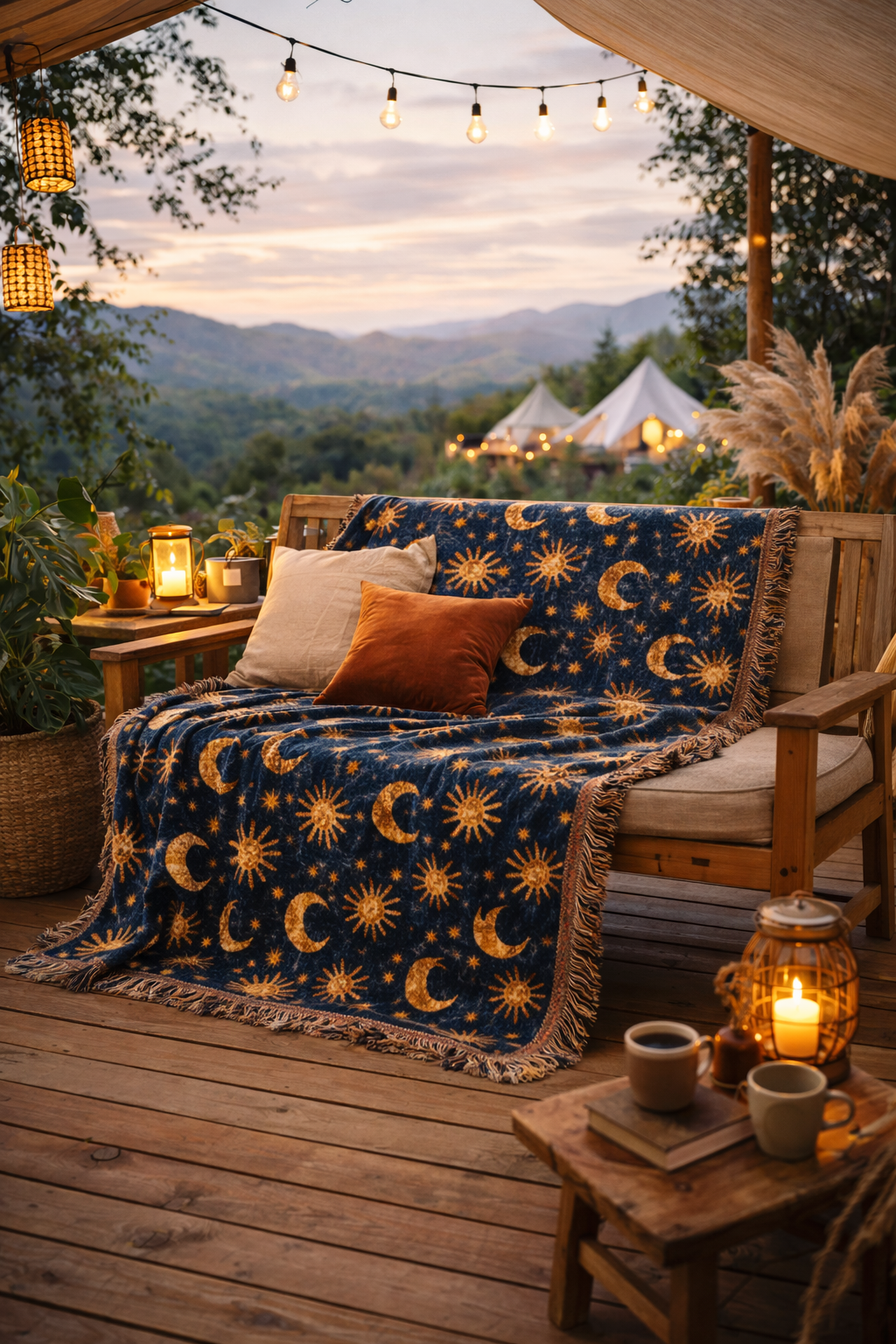 Celestial Boho woven blanket over an outdoor chair on a deck with string lights at dusk