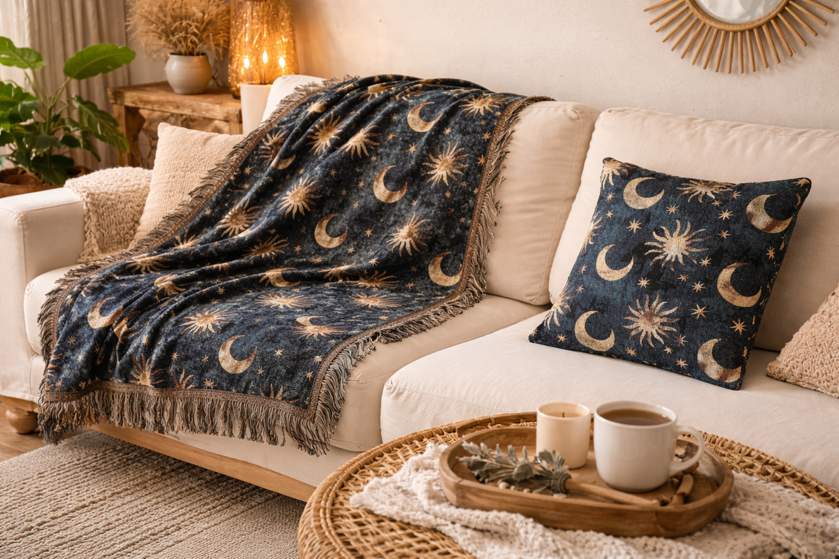 Celestial Boho woven blanket on a cream sofa with the matching Celestial woven pillow