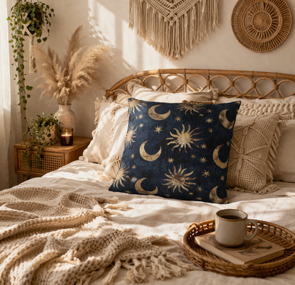 Celestial Boho woven pillow on a bed with cream linens, macrame wall hangings and pampas grass