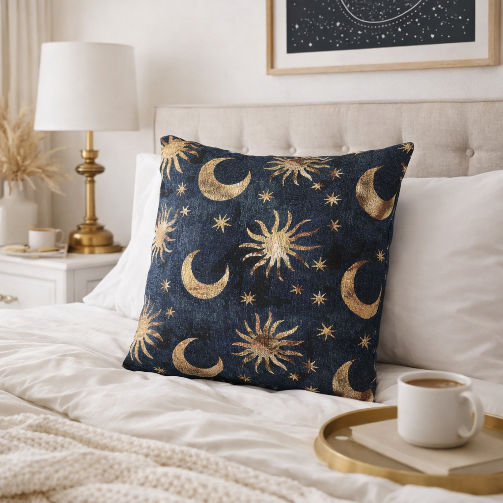 Celestial Boho woven pillow against a cream headboard with a bedside lamp