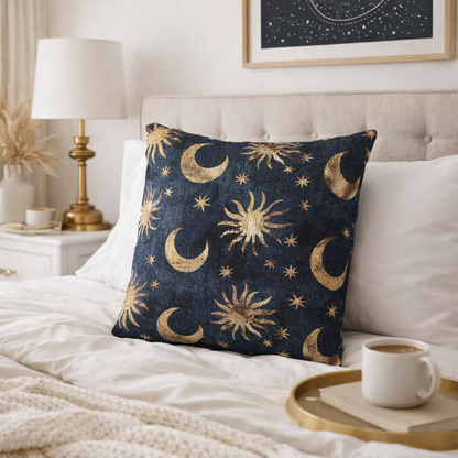 Celestial Boho woven pillow against a cream headboard with a bedside lamp