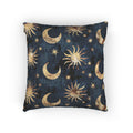 Celestial Boho woven pillow in navy with gold suns, moons and stars, front view