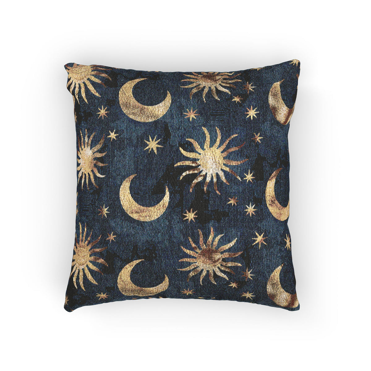 Celestial Boho woven pillow in navy with gold suns, moons and stars, front view