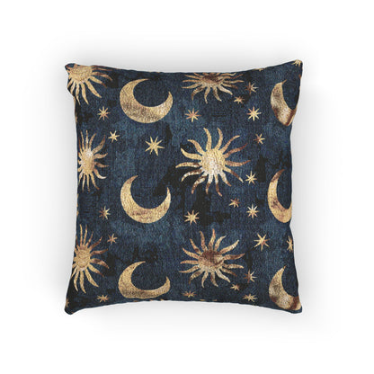 Celestial Boho woven pillow in navy with gold suns, moons and stars, front view