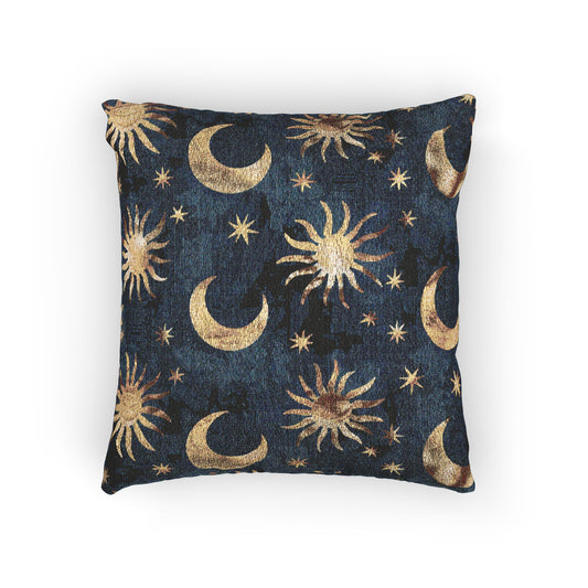 Celestial Boho woven pillow in navy with gold suns, moons and stars, front view