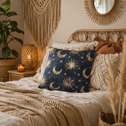 Celestial Boho woven pillow on a rattan bed with a lantern and macrame wall hanging